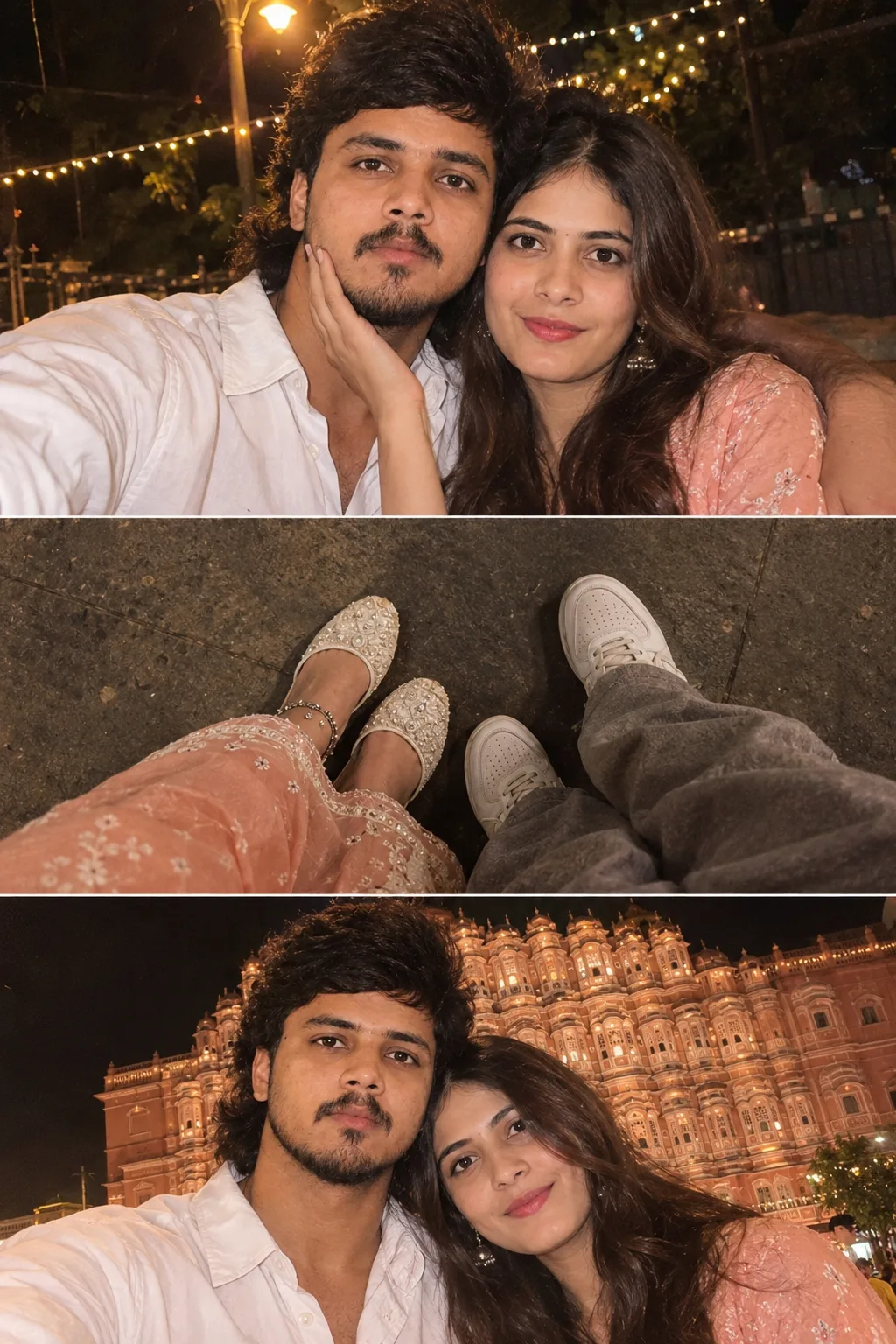 Create 3-panel vertical collage, top panel: close-up night selfie of a couple, boy in curly bedhead hair with light stubble wearing a white