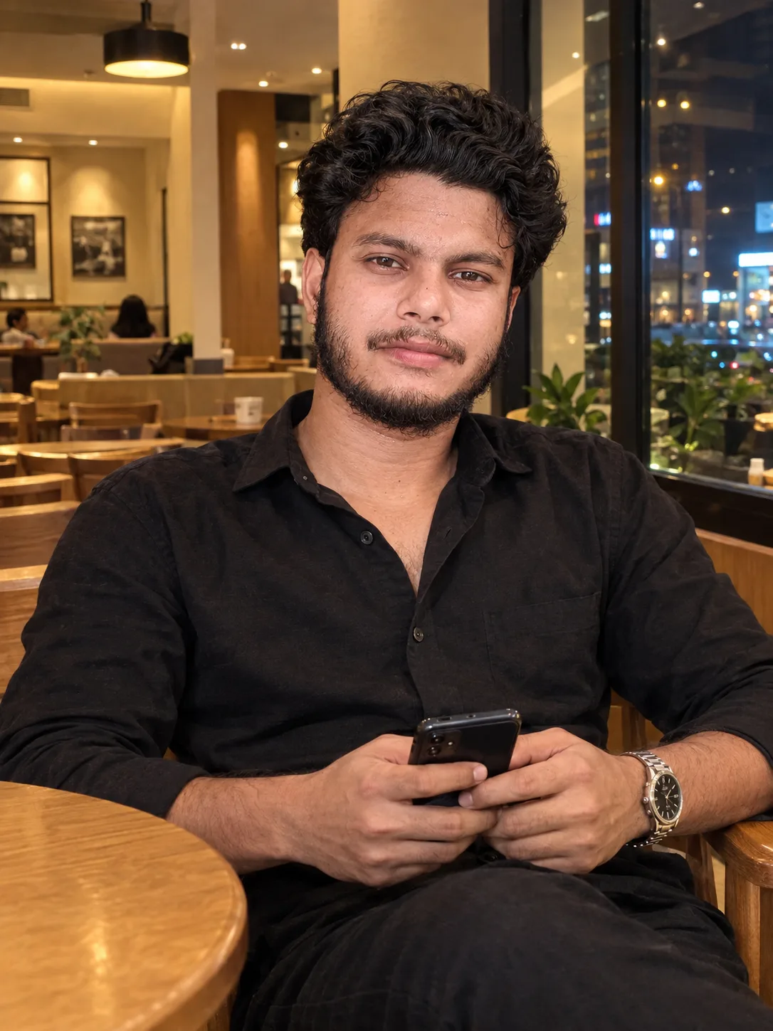 Ultra-realistic high-resolution portrait of a young man sitting casually inside a modern café at night.