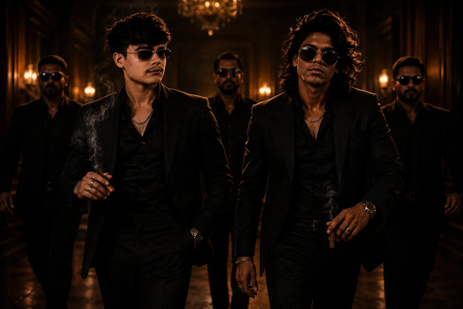 Prompt: > Ultra-realistic cinematic group portrait of five stylish young men walking confidently through a luxurious dark vintage mansion
