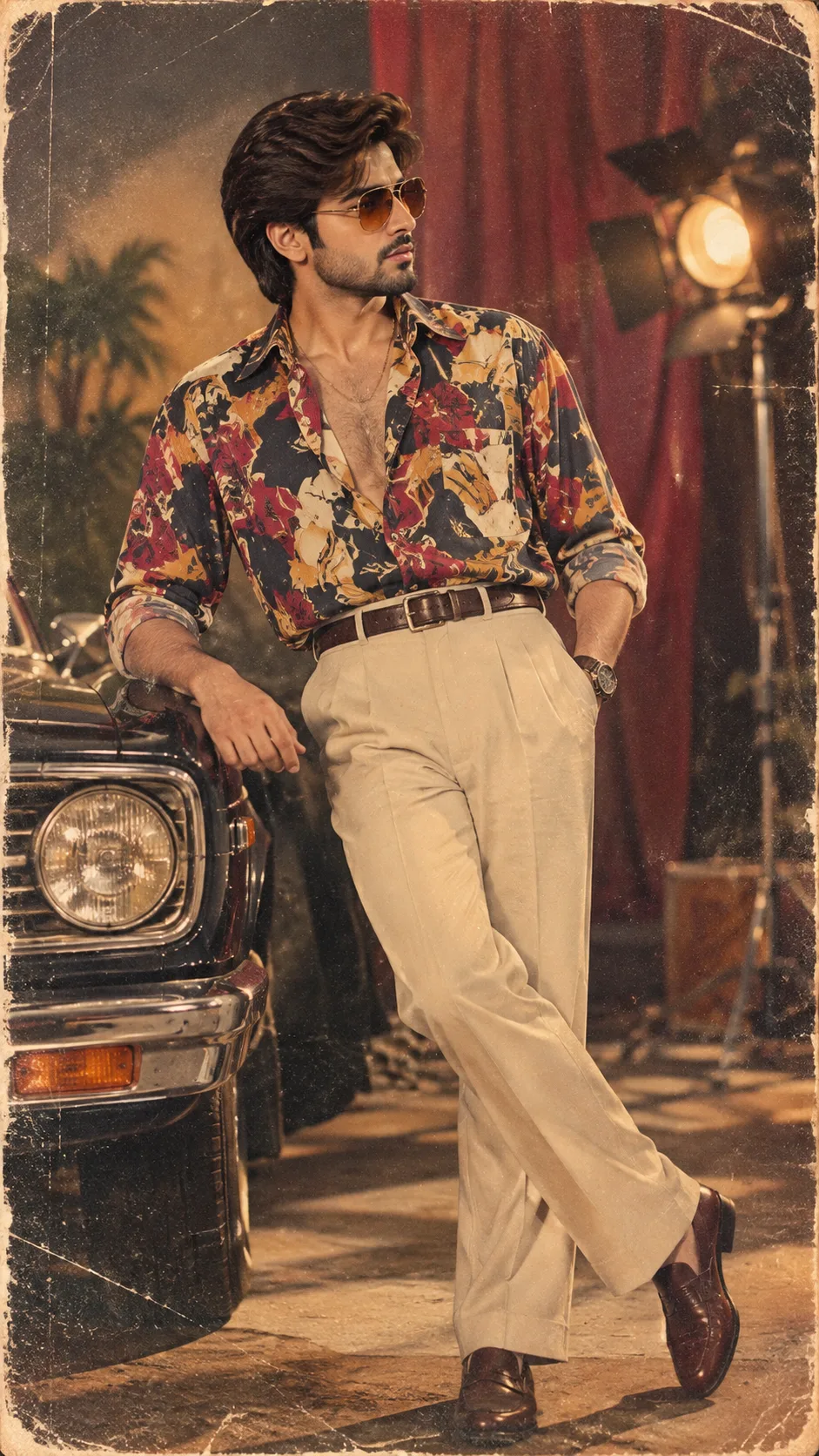 Create an authentic **1980s Bollywood cinematic portrait** of the person from the reference image.