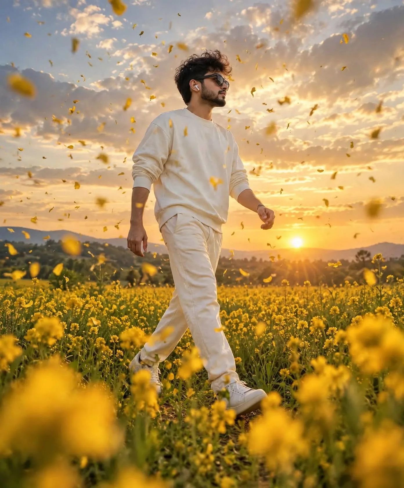 Cinematic full-body portrait of a young man with curly hair and beard, wearing black sunglasses, white sweatshirt, white pants and white