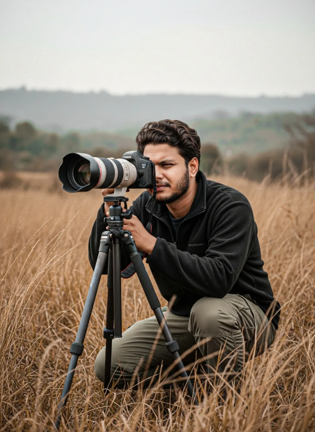 A young South Asian man with short curly dark hair, light beard and mustache, kneeling on one knee in a field of tall dry golden-brown