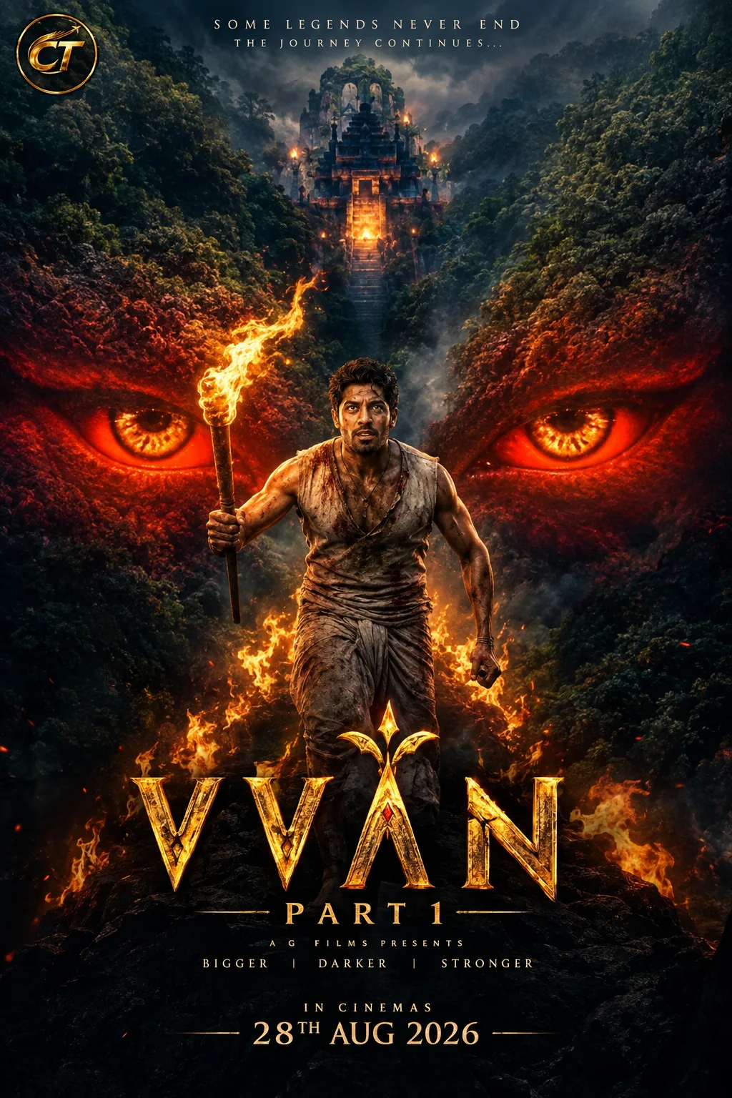 Create an epic ultra-realistic cinematic Indian action-fantasy movie poster in a dark, intense, mythological-adventure style.