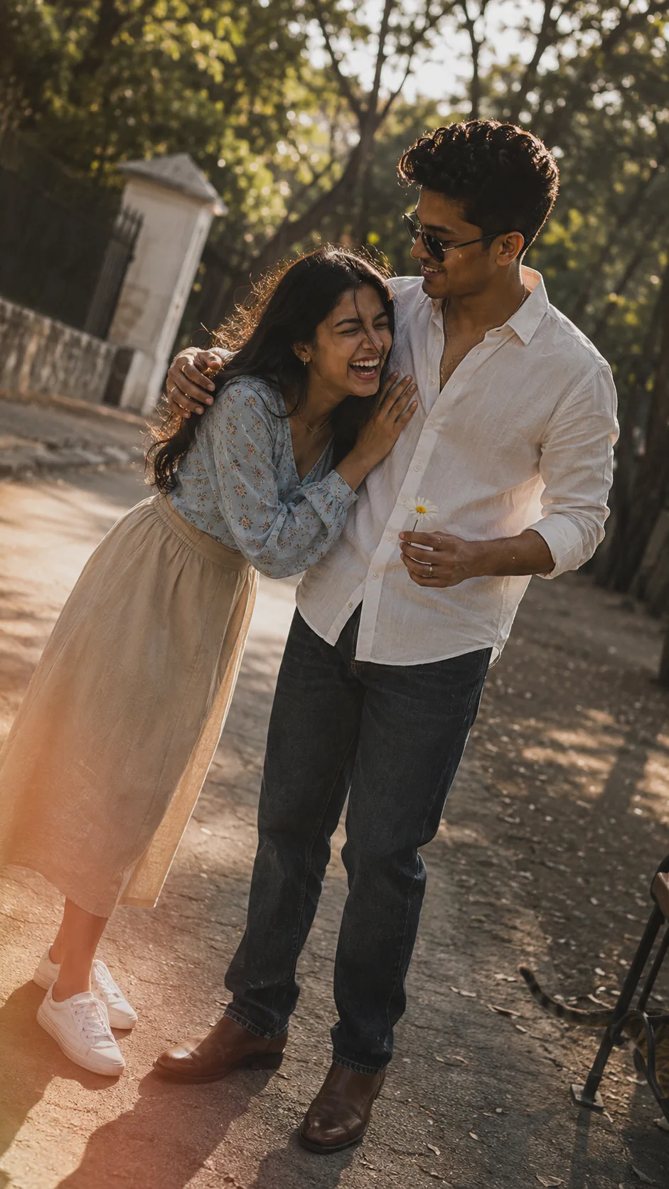 A spontaneous snapshot taken on a paved path in the late afternoon, looks like someone caught them mid-laugh as they stopped walking.