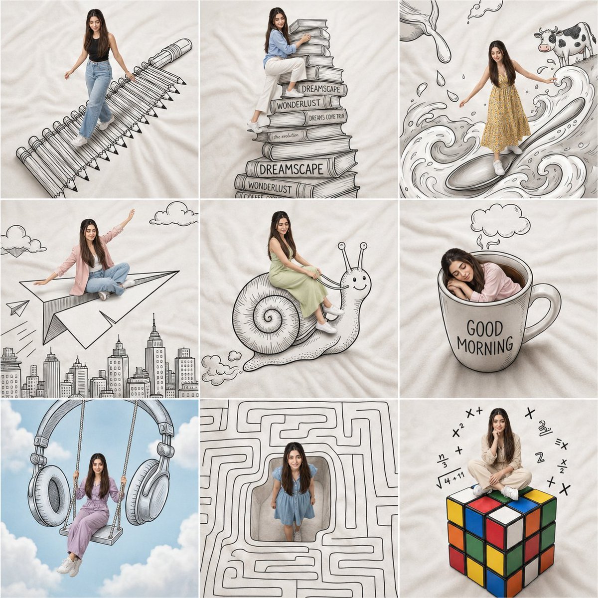 GPT image 2 via chatgpt Prompt: Create a creative 3×3 collage featuring the same woman from the uploaded reference image.