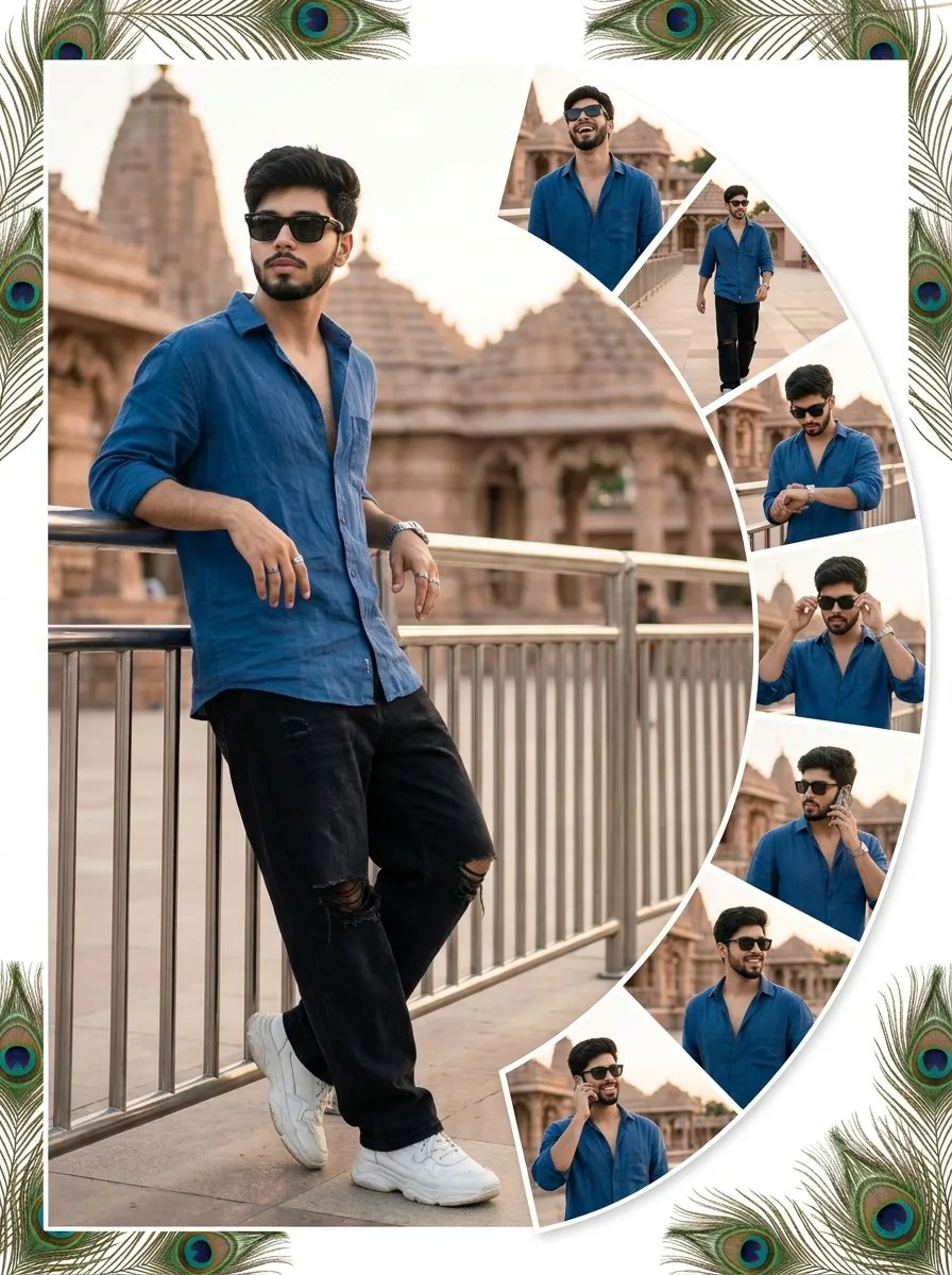 Ultra-realistic 8K collage poster of same reference face man, exact face, blue loose shirt, black baggy ripped jeans, white sneakers,