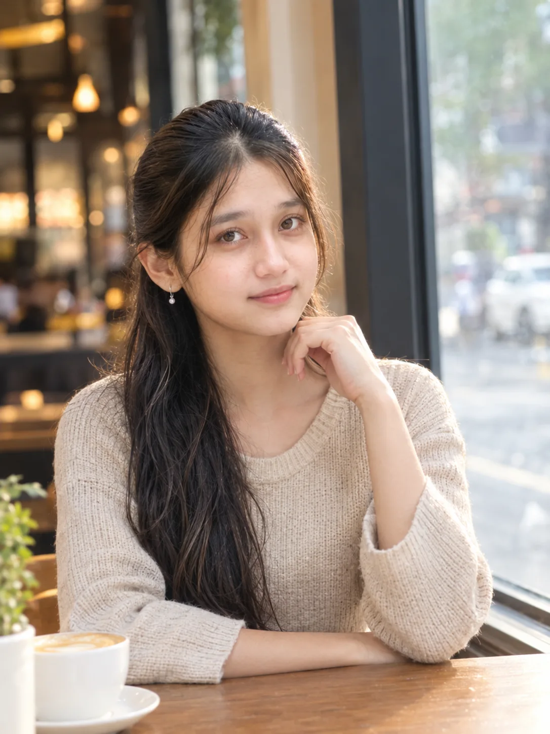 A highly detailed cinematic photograph of a young woman sitting near a large cafe window during daytime.