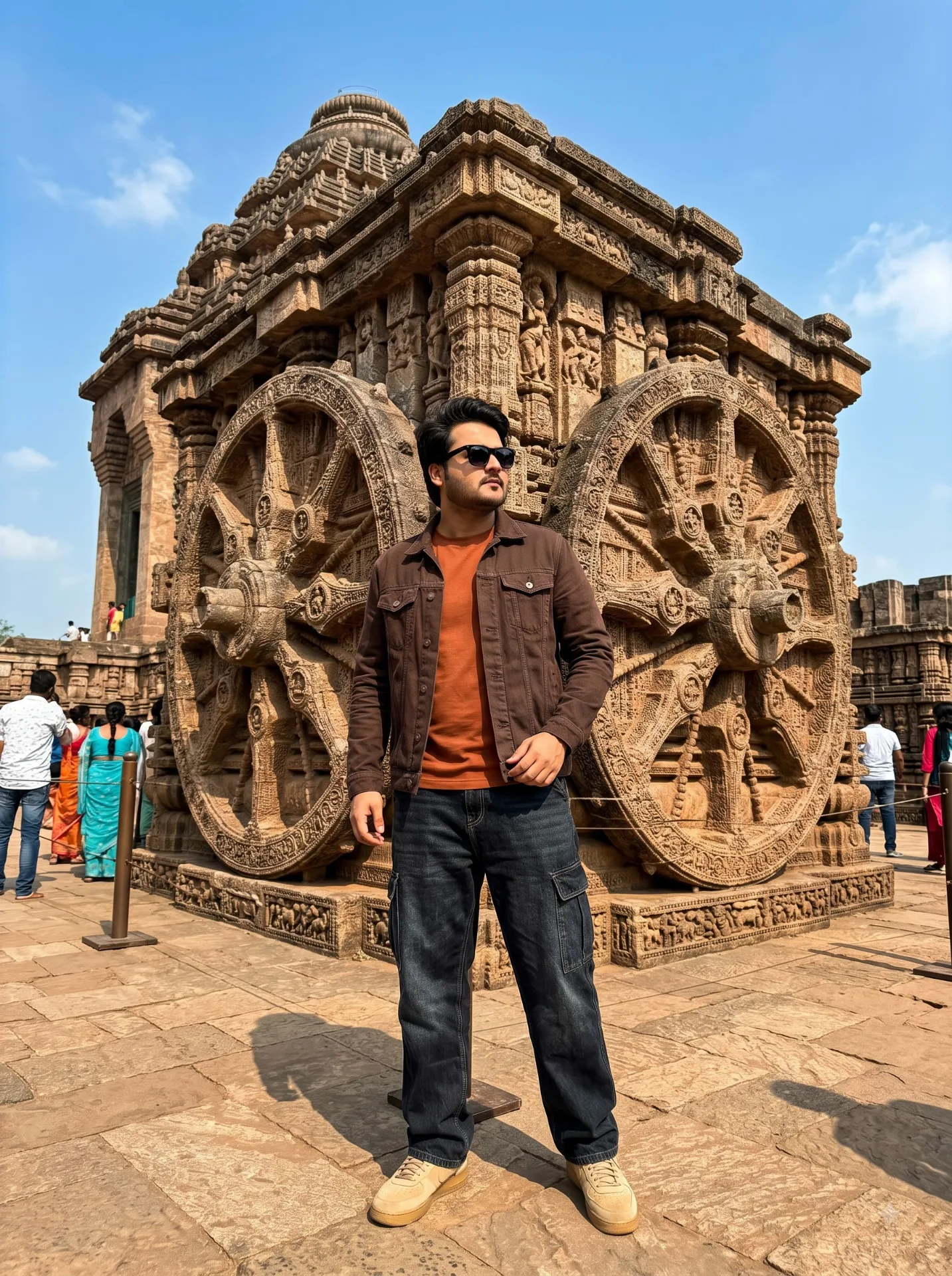 Dramatic wide-angle shot of a stylish young man in front of the ancient Konark Sun Temple (Chariot of the Sun).