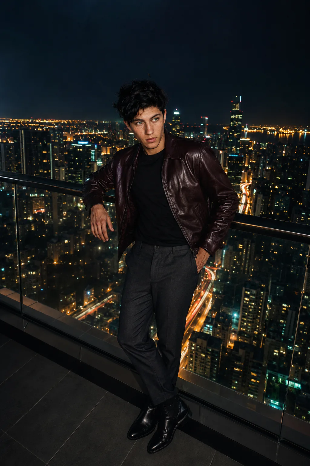 A cinematic rooftop portrait at night, a man standing on a glass-railed high-rise balcony overlooking a sprawling glowing cityscape, one