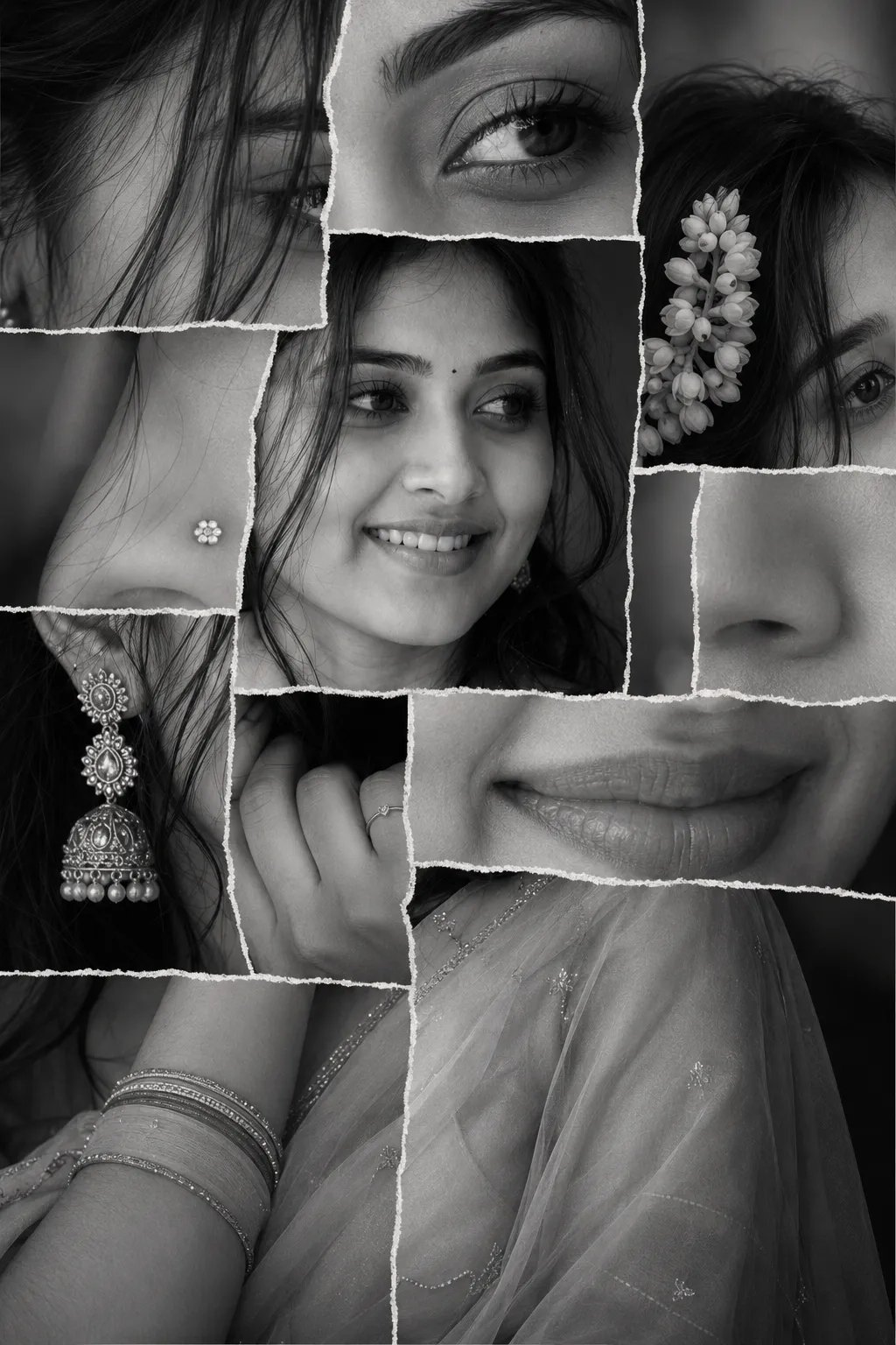collage of a woman assembled from overlapping rectangular close-up panels: tight crops of expressive eyes with strong catchlights and long