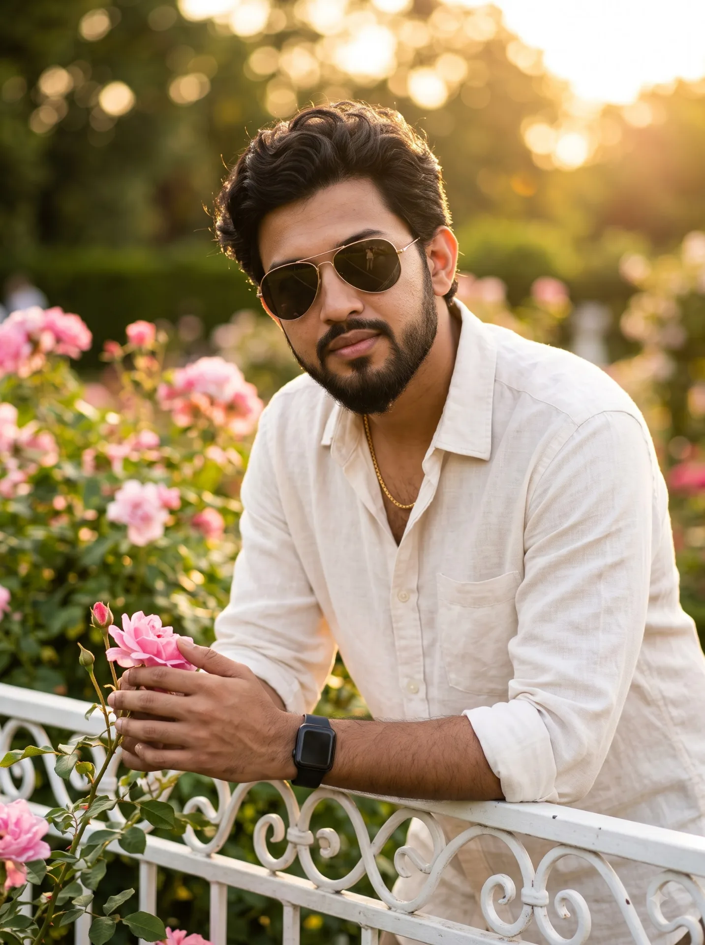 Same person, exact face and identity, natural wavy black hair, full beard, aviator sunglasses, wearing an off-white linen shirt with rolled