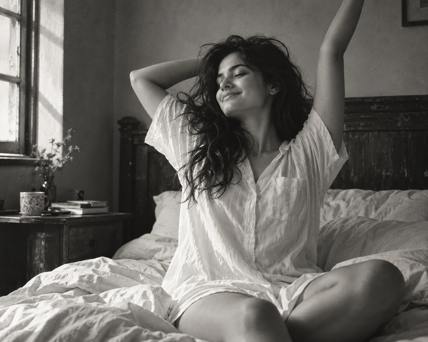 Classic silver gelatin darkroom photograph of a beautiful young adult woman stretching in bed just after waking up, rich black-and-white