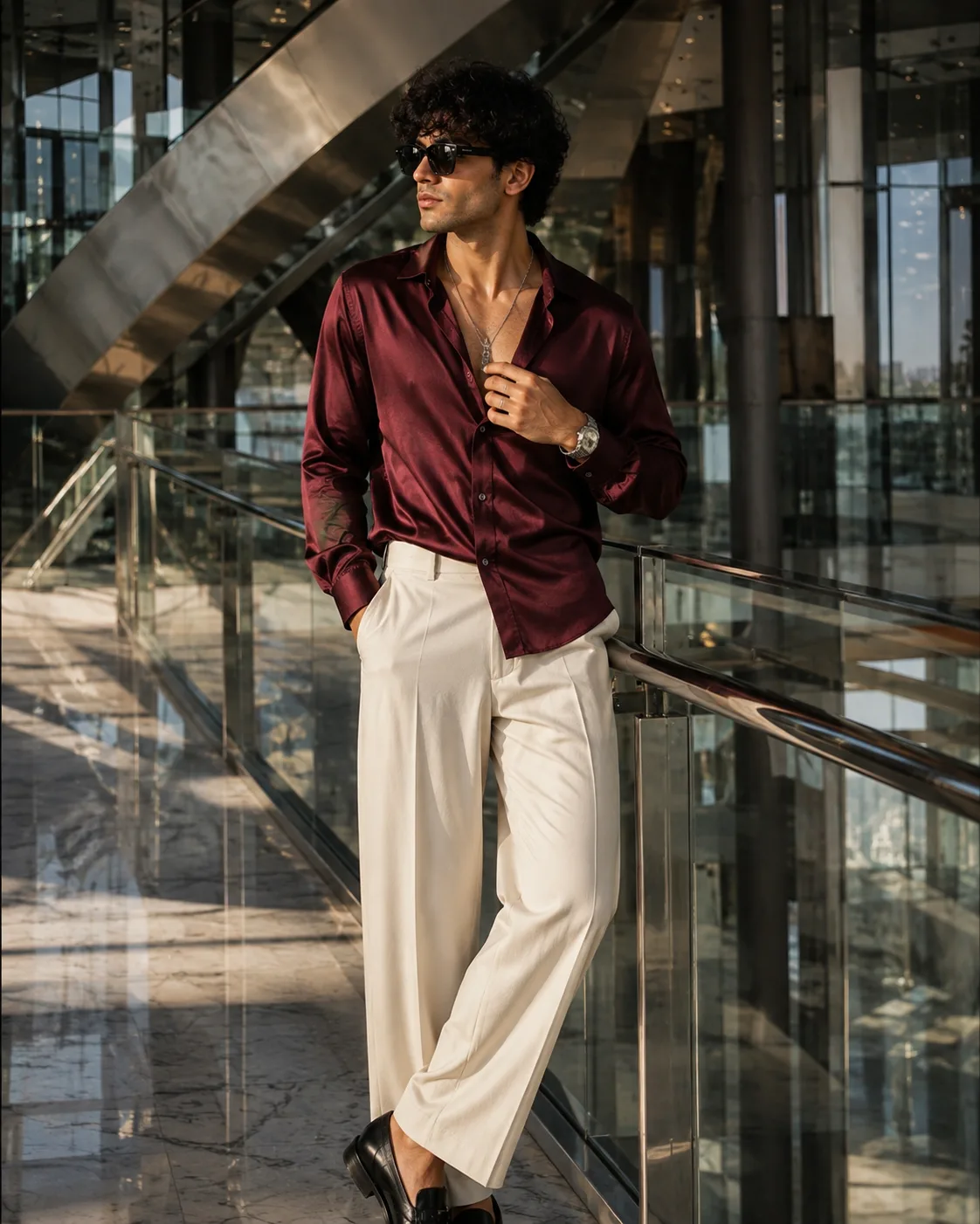 A breathtakingly handsome young male fashion model standing confidently inside an ultra-modern luxury business complex, surrounded by sleek