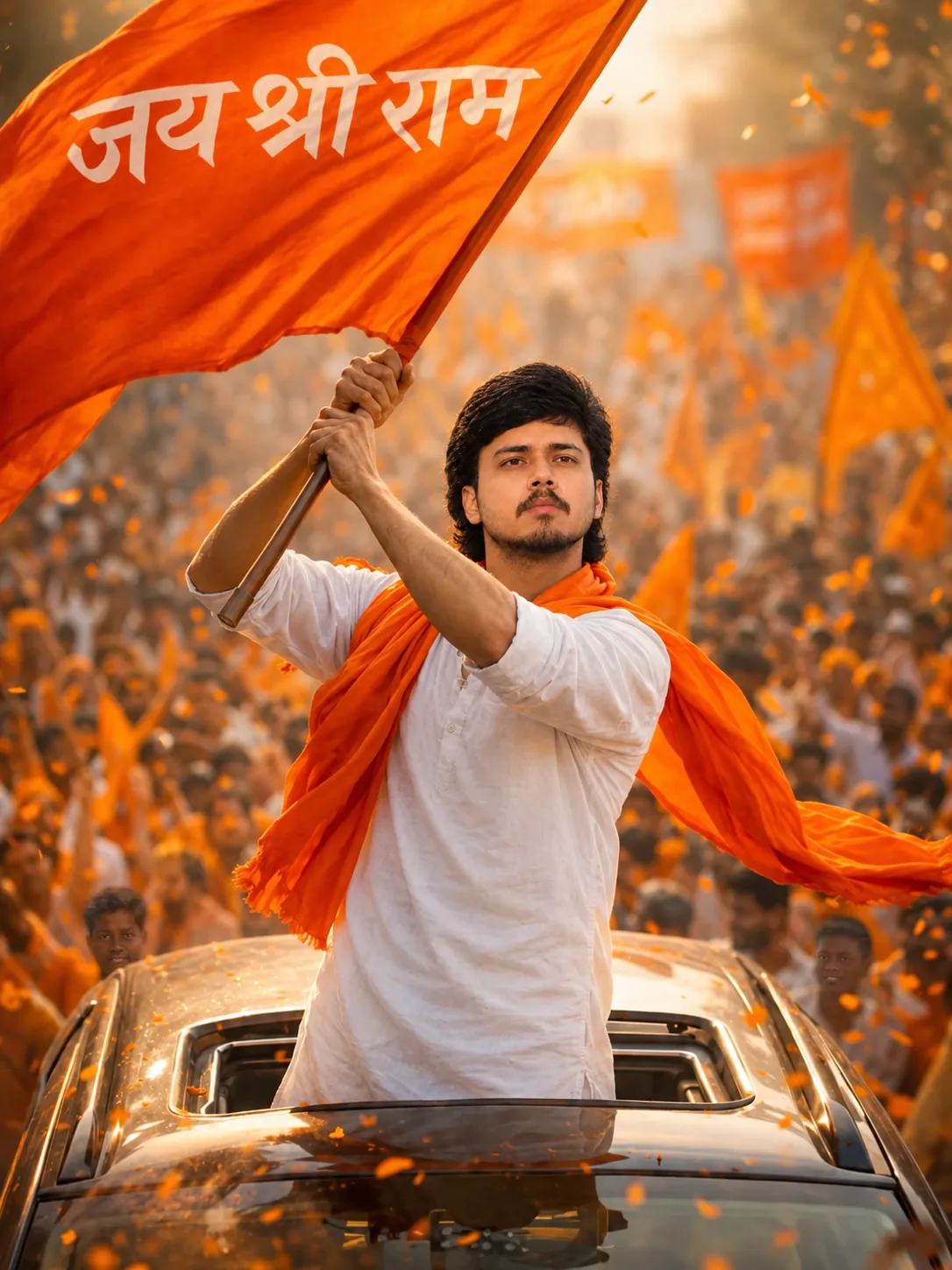 A photorealistic cinematic portrait of a young Indian man standing through the open sunroof of a moving SUV during a grand devotional