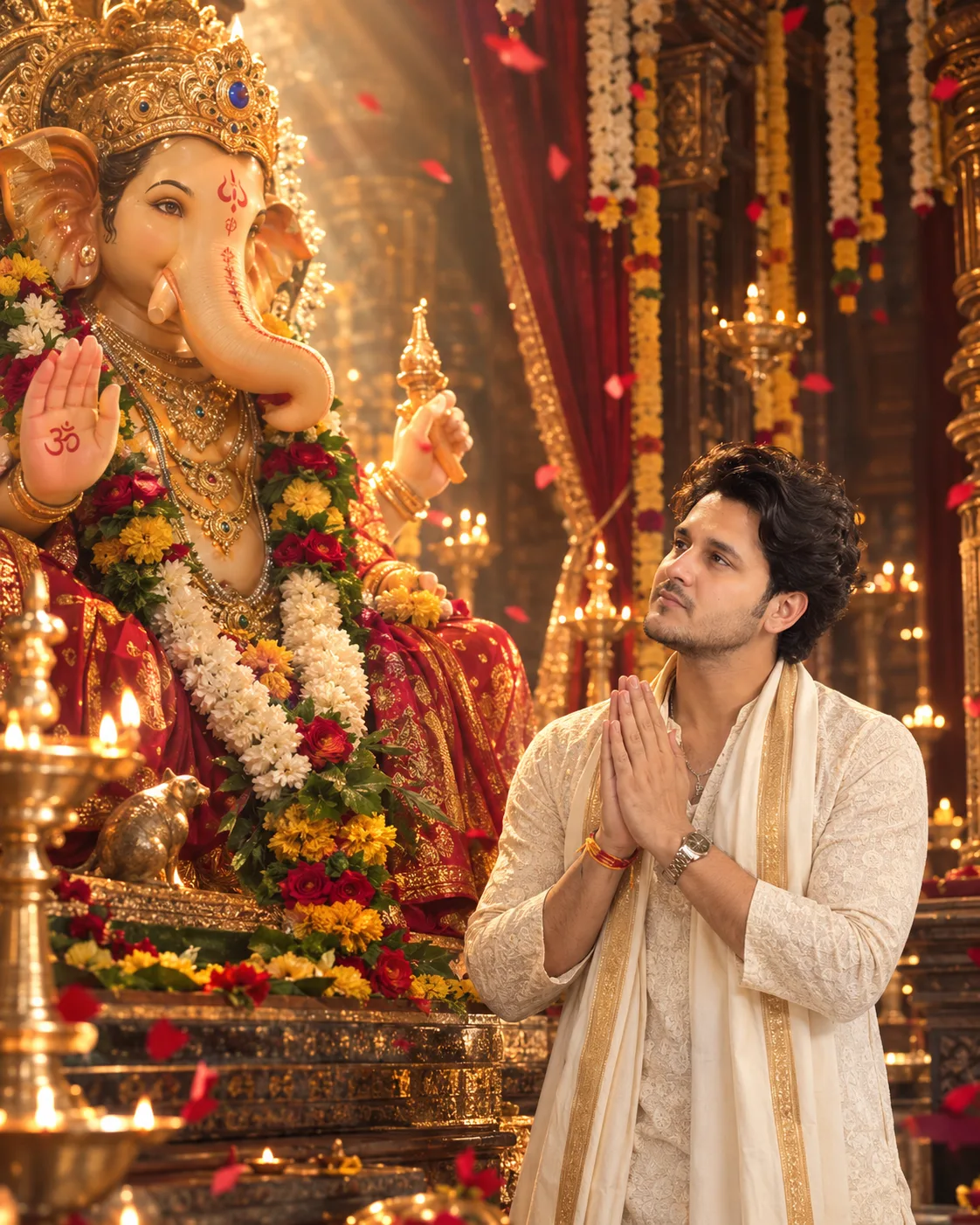A stylish young South Asian/Indian man standing devotionally in front of a magnificent Lord Ganesha idol inside a beautifully decorated