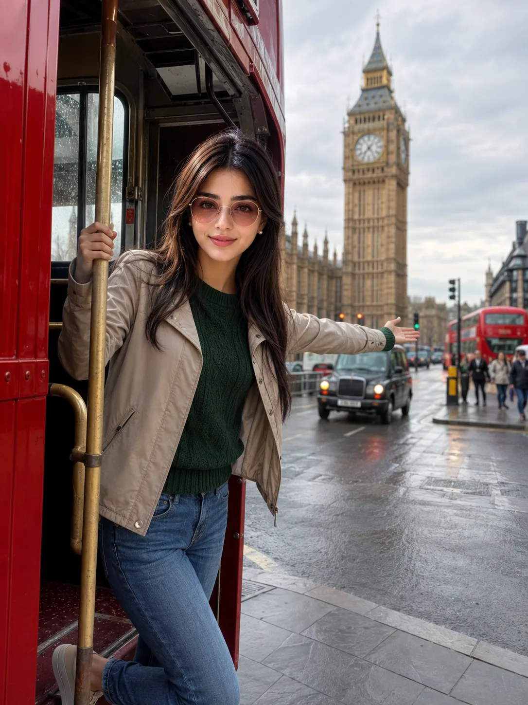 A highly realistic cinematic travel photograph of a cheerful young woman with a unique face enjoying the view from the open doorway of a