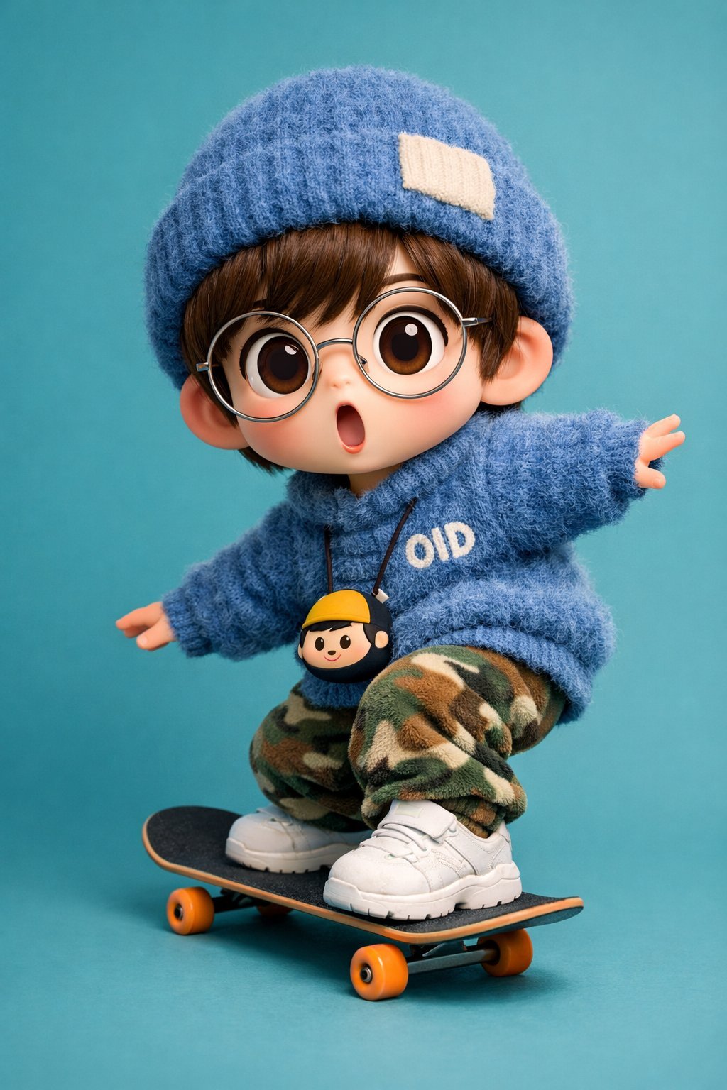A high-fidelity 3D character render of a cute, stylized boy skateboarding in a dynamic pose.