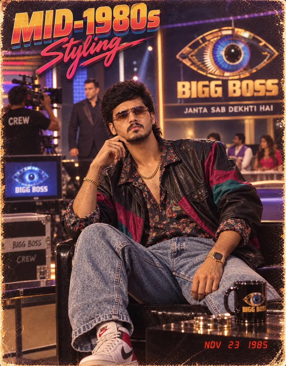 Create an ultra-photorealistic retro Indian television studio portrait inspired by the uploaded reference image.