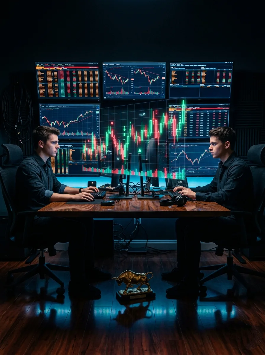 A dark cinematic photo of a young trader sitting opposite his own clone at a trading desk in a pitch-black room, with no text, logos, or