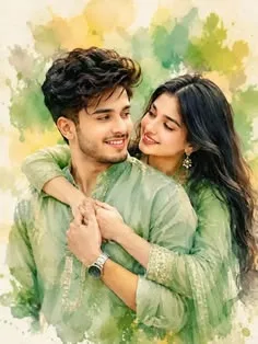 A beautiful, high-quality digital art illustration of a romantic young South Asian couple, designed in a soft watercolor painting style.