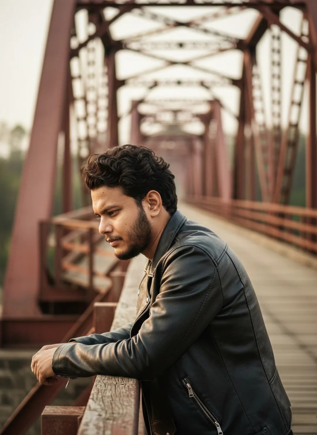 Create an ultra-realistic cinematic portrait photograph of a young South Asian/Indian man standing on a large old steel railway bridge