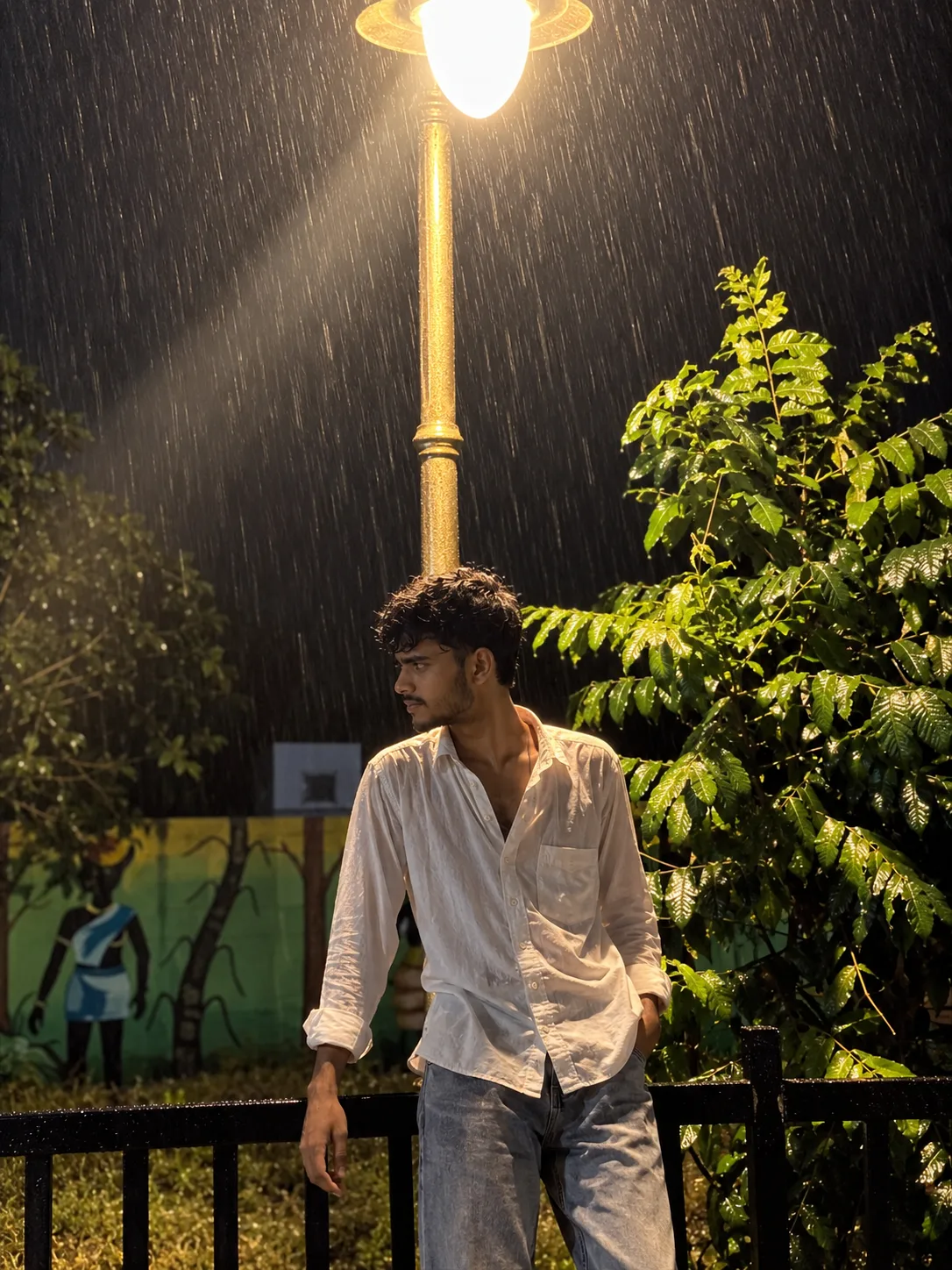 Ultra-realistic professional DSLR photograph of a slim young South Asian man standing outdoors at night during heavy rain, captured in a
