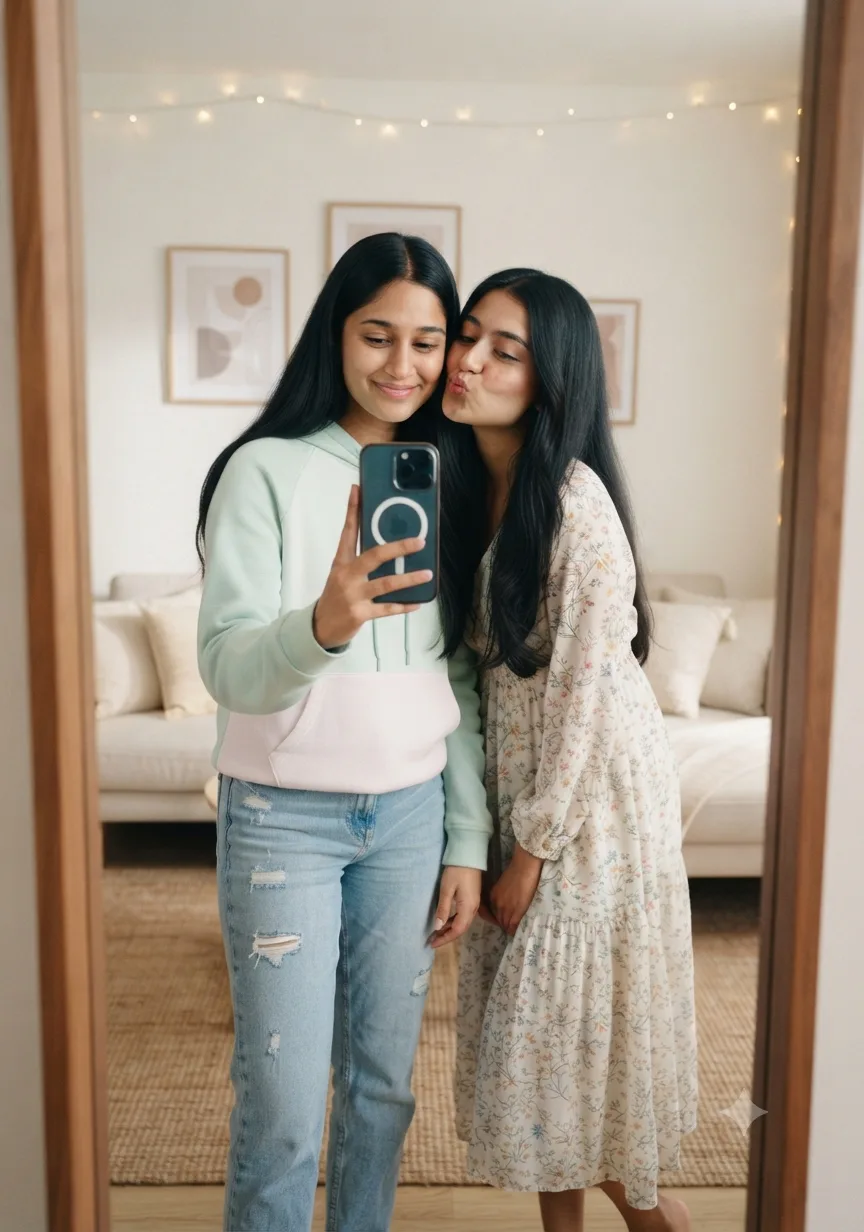 @meta.ai soft HD lifestyle mirror selfie of two young South Asian women standing very close together in a cozy modern living room.