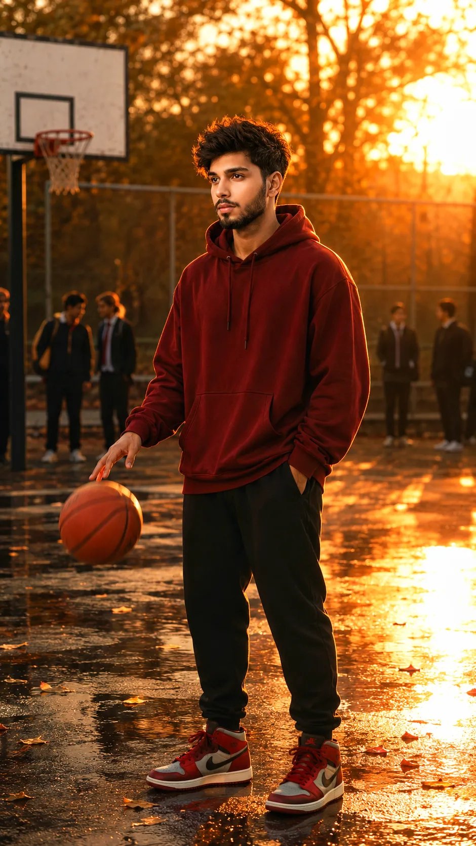 An Ultra-realstic of a young indian man with messy voluminous brown hair standing on an outdoor basketball court at golden hour.