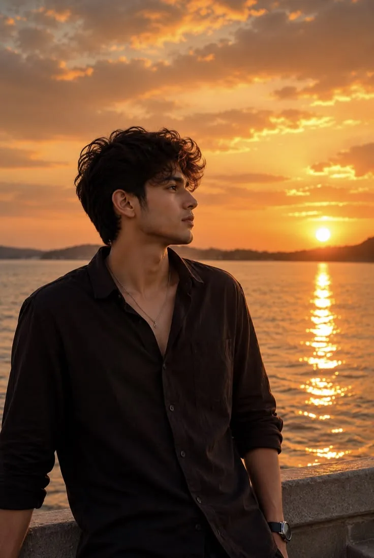 A side profile portrait of a handsome young man with messy, textured curly black hair standing by a stone railing overlooking the sea at