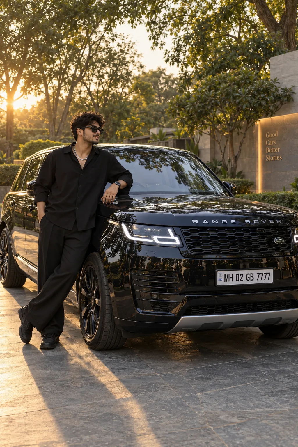 Ultra-photorealistic full-body luxury automotive portrait of the same young Indian man from the reference image, preserving his face,