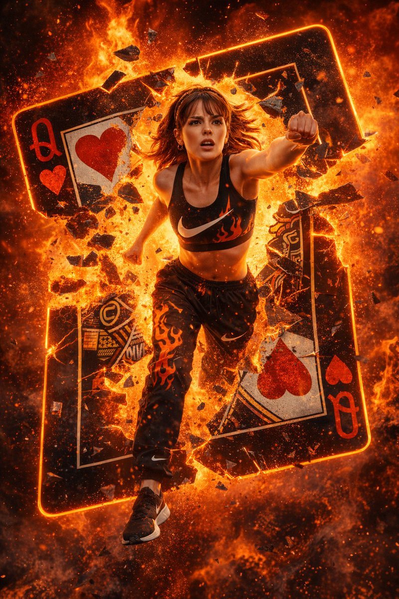 A cinematic, high-action shot of a powerful woman flying explosively through a giant, shattering Queen of Hearts playing card.