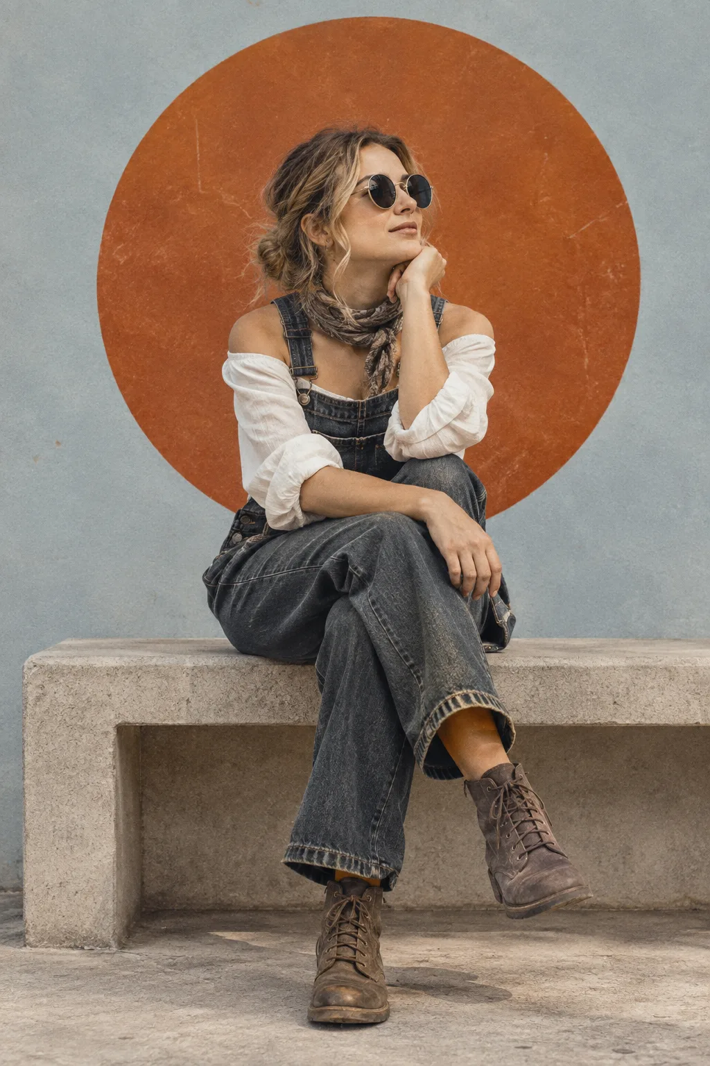Create a natural, realistic portrait of an adult woman sitting casually on a simple light-gray concrete bench.