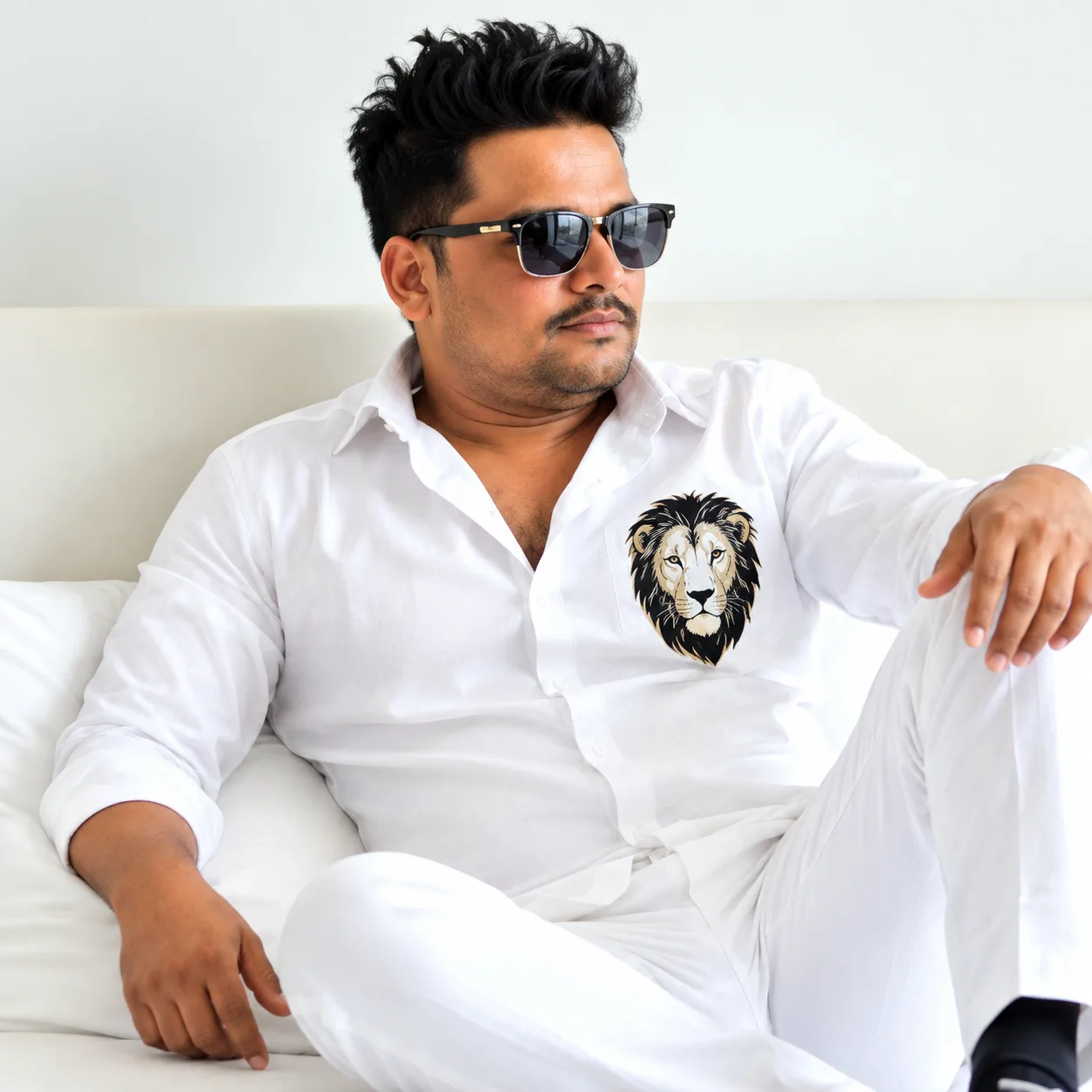 “Create an ultra-realistic 4K Ultra HD portrait of a confident South Asian man relaxing on a luxurious white sofa.