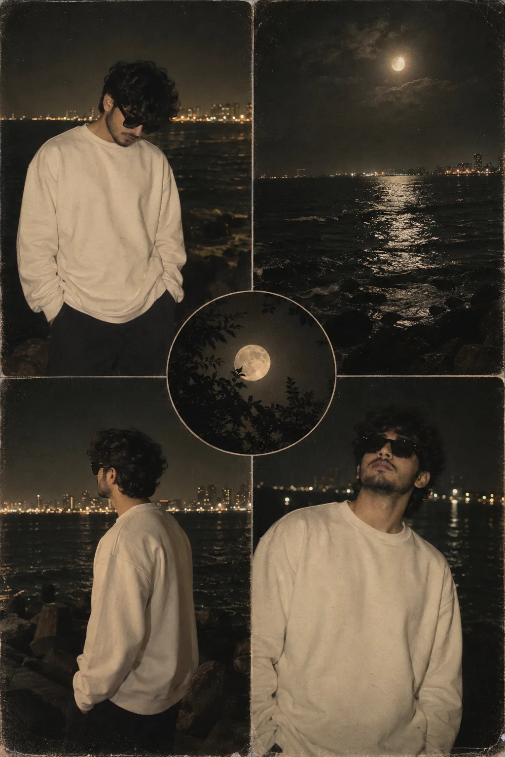 A cinematic, moody, vintage-style night photography collage of a young man with curly hair and a light beard, wearing black sunglasses and