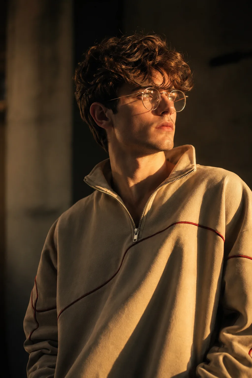 Create an ultra-realistic 4K cinematic fashion portrait of a handsome young man standing in a dimly lit indoor environment during golden