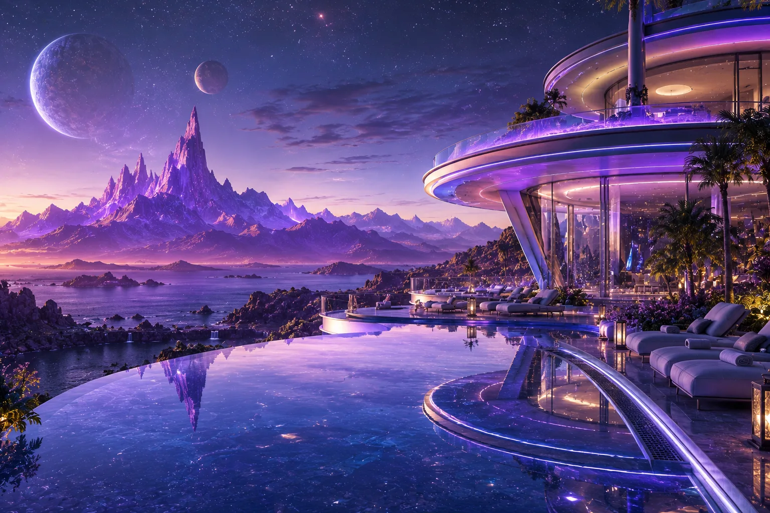 Ultra-modern luxury resort on an alien planet, glowing purple mountains in the distance, reflective infinity pool, futuristic glass