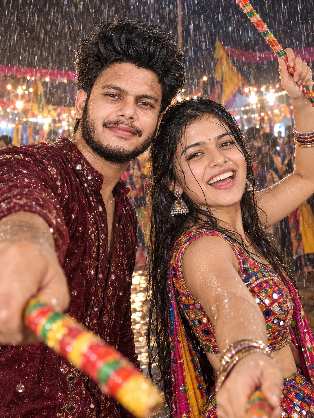 A joyful young Indian couple posing in heavy rain at a vibrant nighttime Garba festival, man with curly black hair and full beard smiling