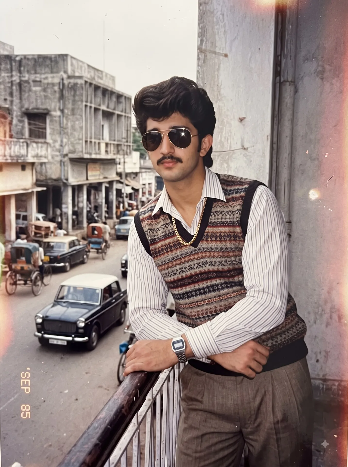 Using my uploaded photo, show me what I would have looked like around 1985 in india UP.