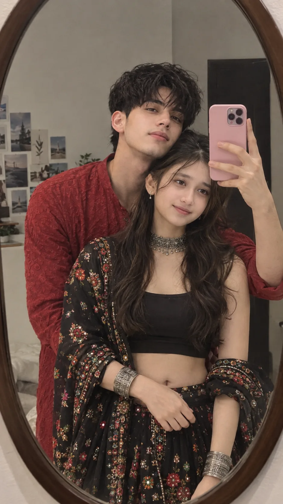 Indian couple mirror selfie in an oval wall mirror, boy (BKT male lock: curly messy bedhead hair, short natural stubble, no glasses) in a