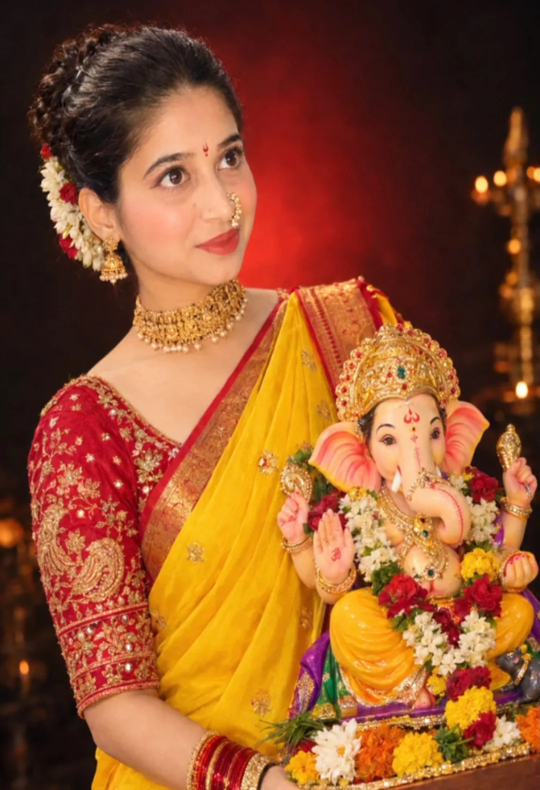 A high-quality studio portrait of a young Indian women same person as uploaded image holding a colorful Lord Ganesha idol realistic during