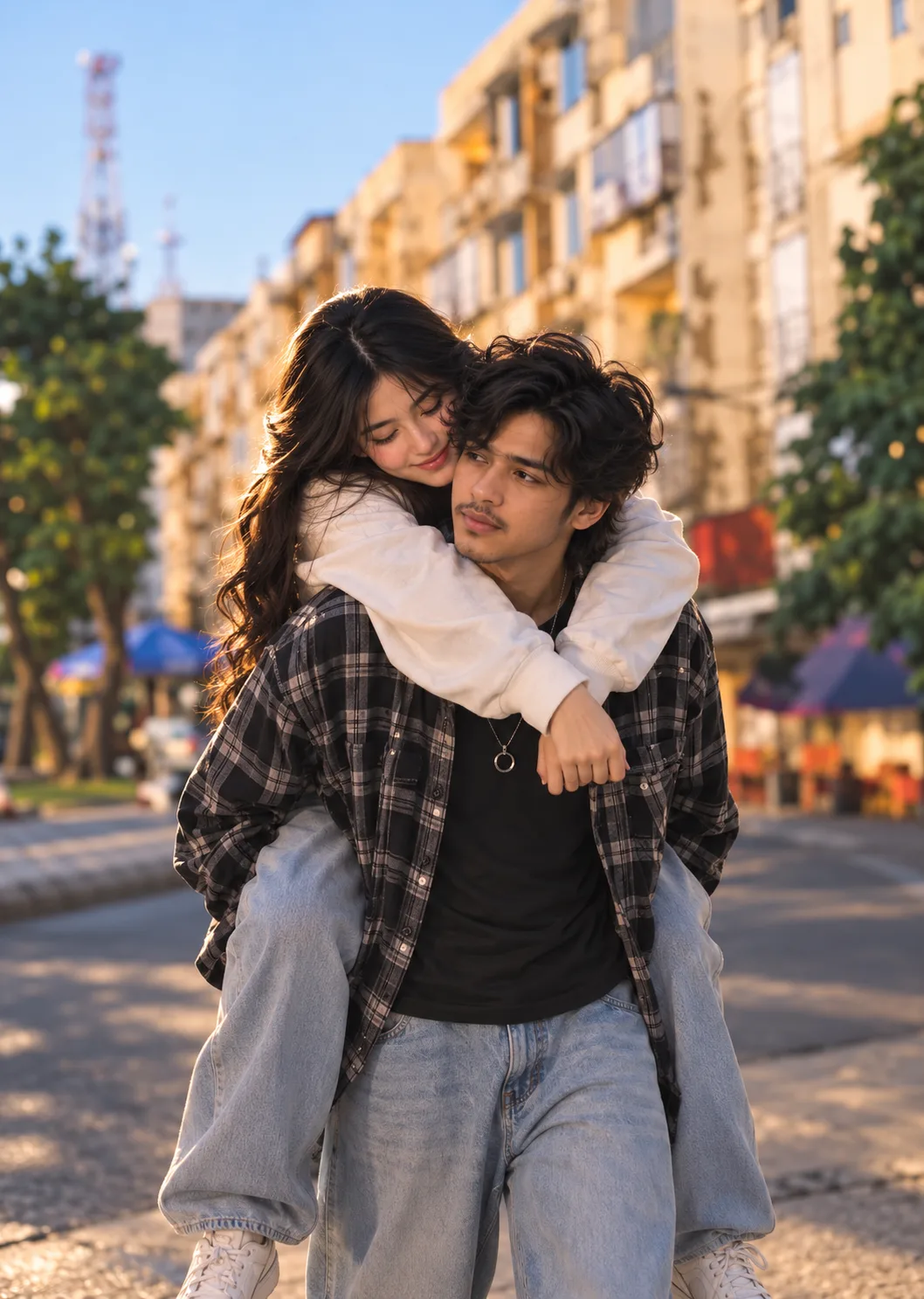 Create an ultra-realistic cinematic lifestyle photograph of a young South Asian couple sharing a playful piggyback ride on a quiet urban