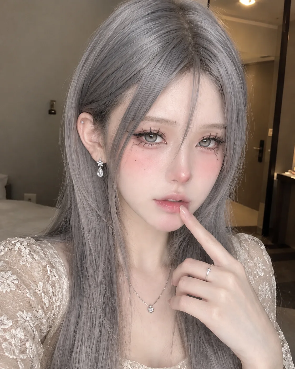 Create an ultra-realistic, high-resolution close-up portrait of a beautiful young woman taking a casual indoor selfie.