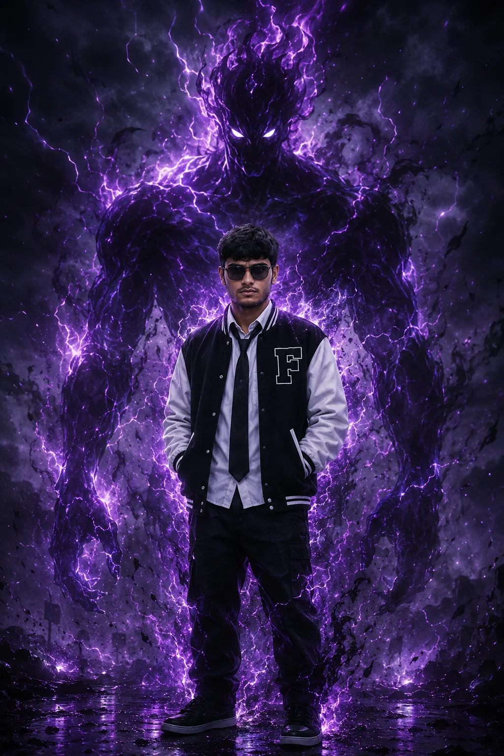 Cinematic dark fantasy portrait of a confident young man standing in the center with hands in jacket pockets, wearing a black-and-white