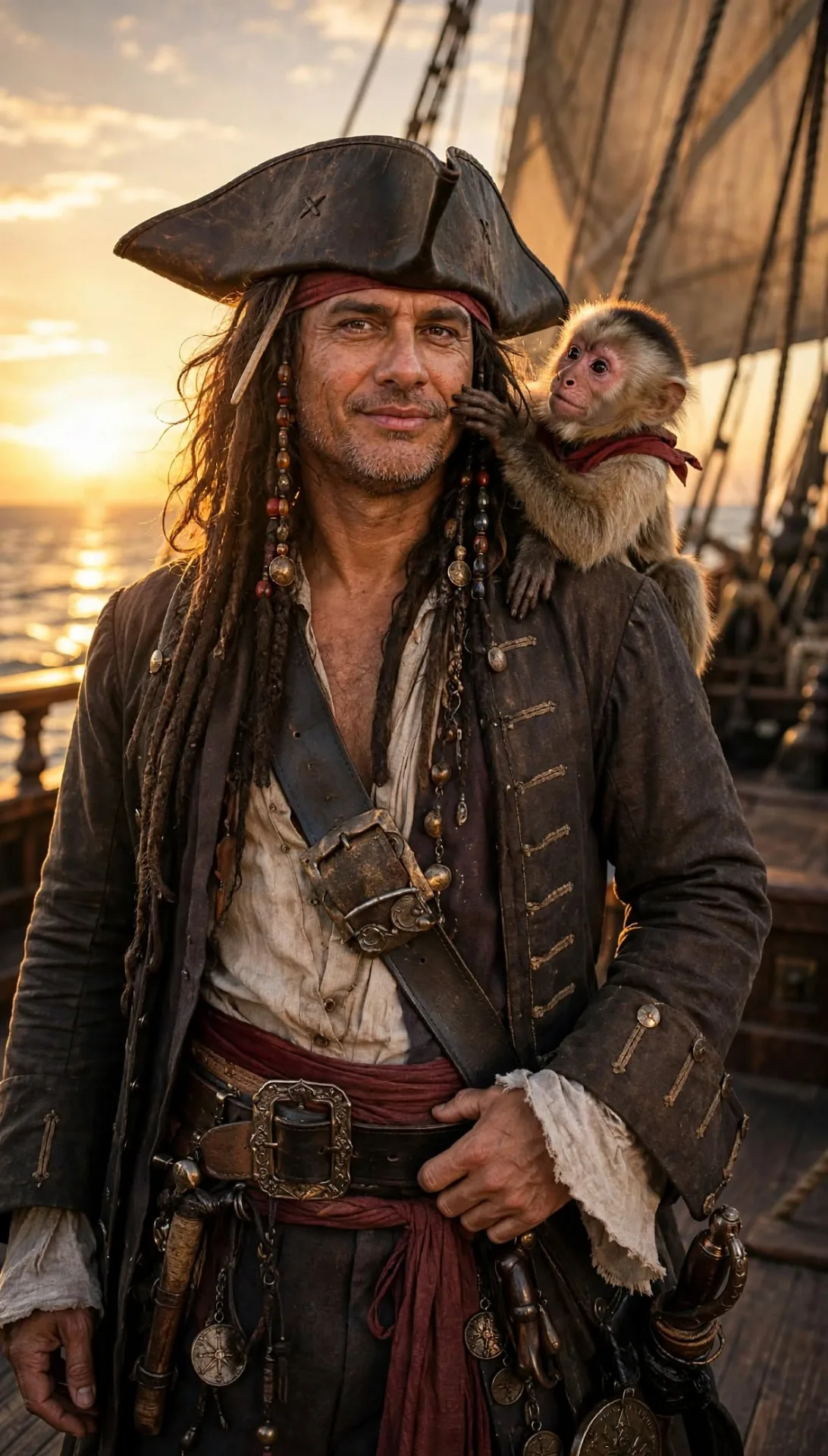 photorealistic portrait of the same man as reference, rugged pirate captain, long dark dreadlocks with beads and antique coins, weathered
