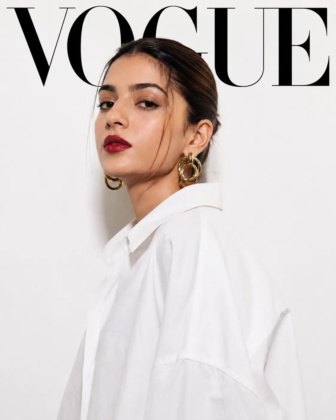A white background Vogue fashion editorial cover of the portrait of me.