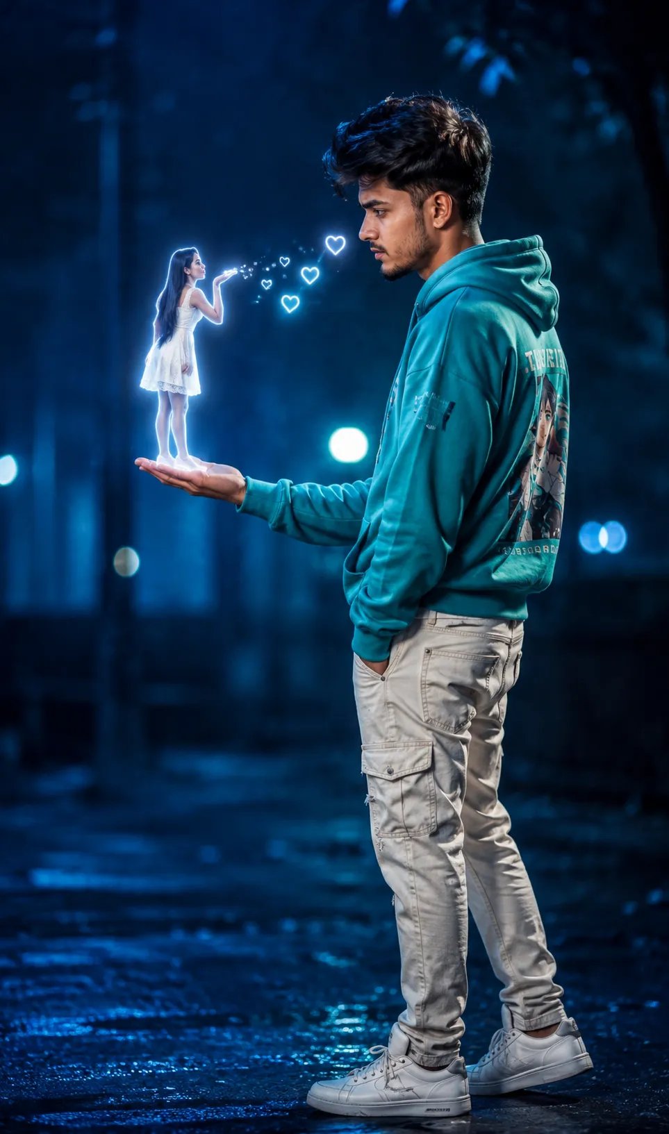 Convert the above image into ultra realistic portrait of only boyin green-blue anime hoodie and off white denim pant and in stylish hair