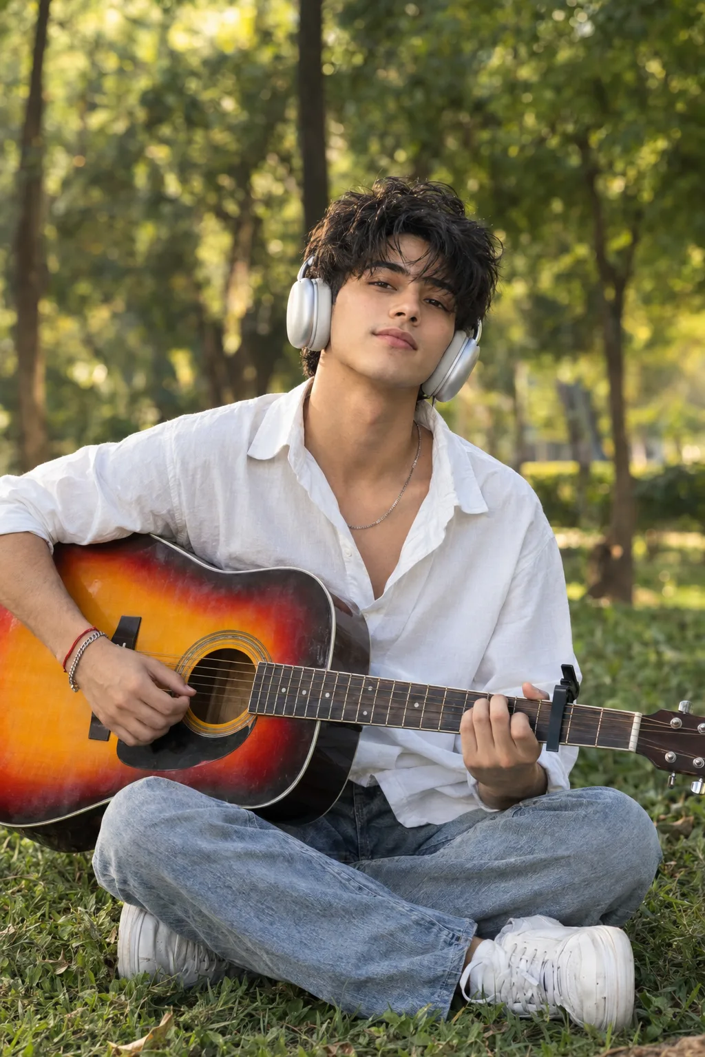 Young Man Playing Acoustic Guitar and Wearing Headphones Outdoors in Park