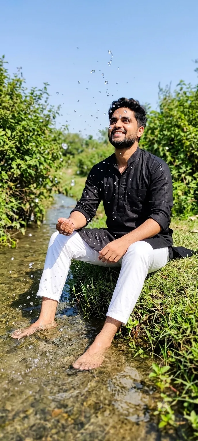 A young Indian man with curly black hair and a short well-groomed beard, sitting barefoot on the grassy bank of a clear flowing stream,