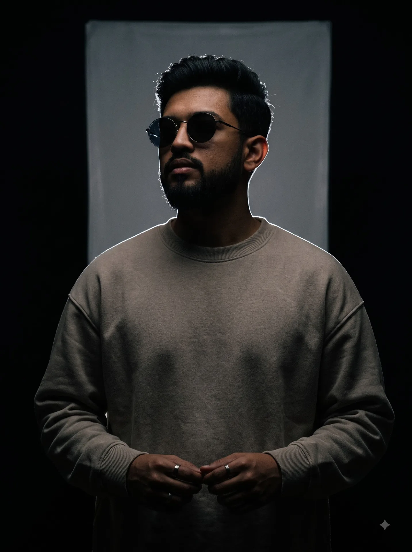 Ultra-realistic cinematic low-key portrait of the reference man, preserving his exact identity and natural features.