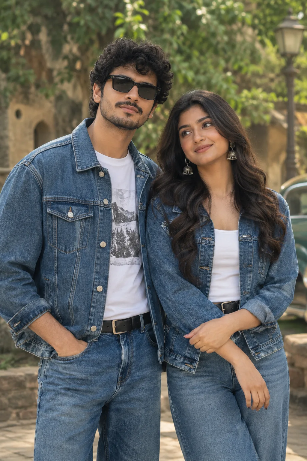 Cinematic, vintage-inspired, realistic portrait of a stylish young couple standing together outdoors in natural daylight, replicating the